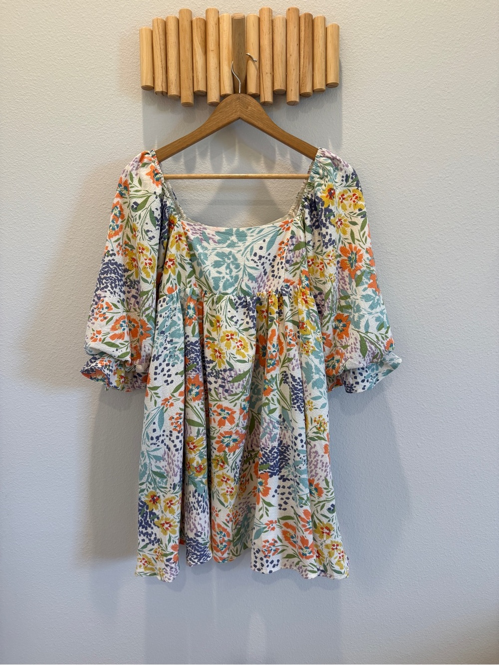 Floral Puff-Sleeve Square Neck Women's Mini Dress